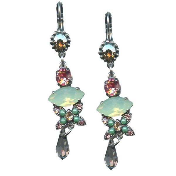 Mariana Earrings Fab Dangling Lt Rose, Chrysolite Opal & Grey Austrian Crystals Orchid Silk Road Coll.