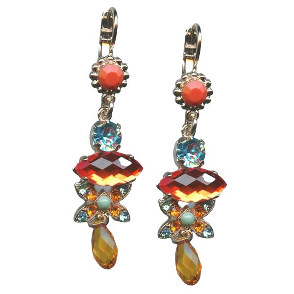 Mariana Earrings Beautiful Dangling Orange Opal, Hyacinth & Lt Turquoise Austrian Crystals Serengetti Africa Coll.