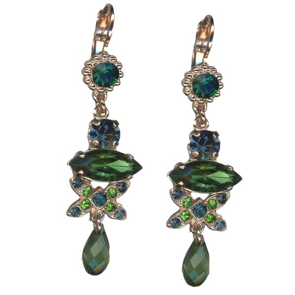 Earrings By Mariana Woman Dangling Fern Green and Montana Blue Swarovski Crystals