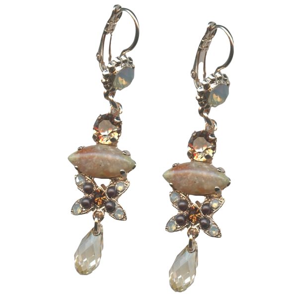 Mariana Earrings Dangling Riverstone Mineral, Sand Opal & Golden Shadow Austrian Crystals Aphrodite Odyssey Coll.