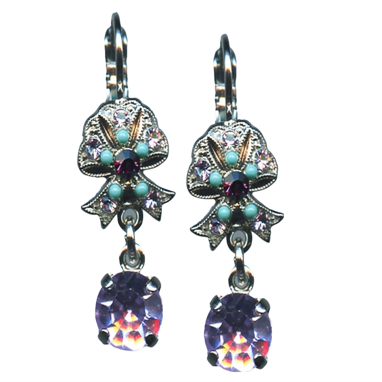 E-1006-1107-SP6(1) Mariana Earrings Bow Dangling Provence Lavender, Turquoise & Amethyst Austrian Crystals St Lucia Caribbean Life Coll. - Image 1