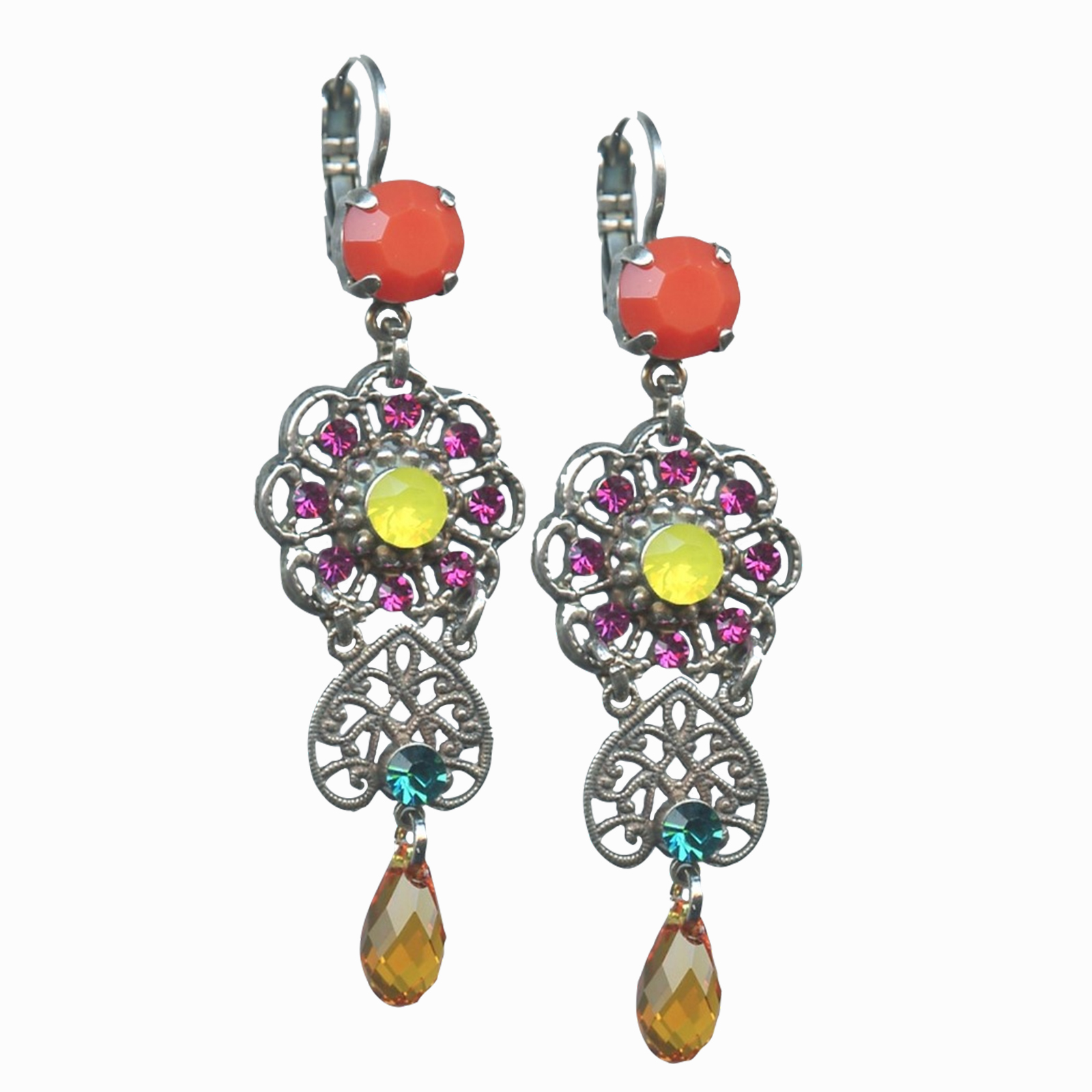 E-1015-1-1077-SP6(1) Mariana Earrings Dangling Orange Opal, Fuchsia, Yellow Opal, Blue Zircon & Amber Austrian Crystals Masai Africa Coll. - Image 1