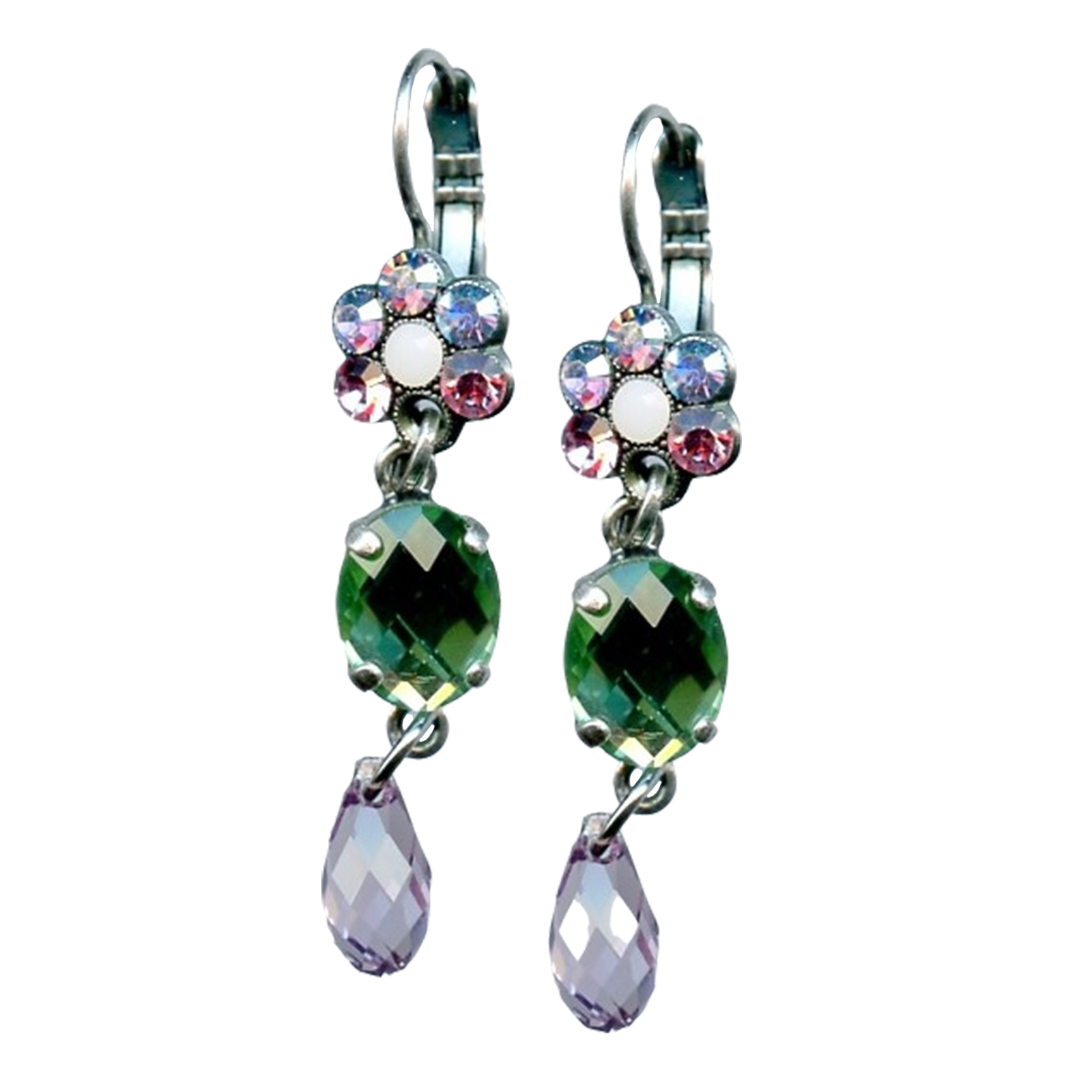 E-1019-1-104-SP6(1) Mariana Earrings Dangling Floral in Chalk White, Emerald, Lt Amethyst & AB Austrian Crystals My Treasures Coll. - Image 1