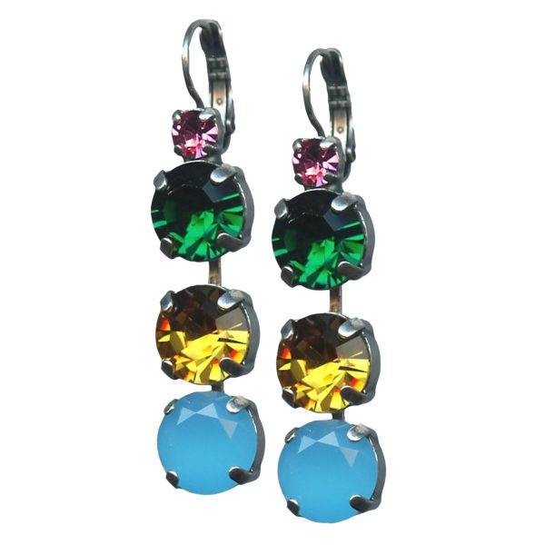 Mariana Earrings Triple Tier in Rose, Emerald, Jonquil & Caribbean Blue Opal Austrian Crystals Selene Odyssey Coll.