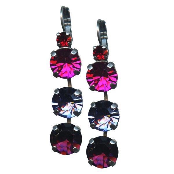 Mariana Earrings Triple Tier in Ruby, Fuchsia & Purple Velvet Austrian Crystals Xenia Odyssey Coll.