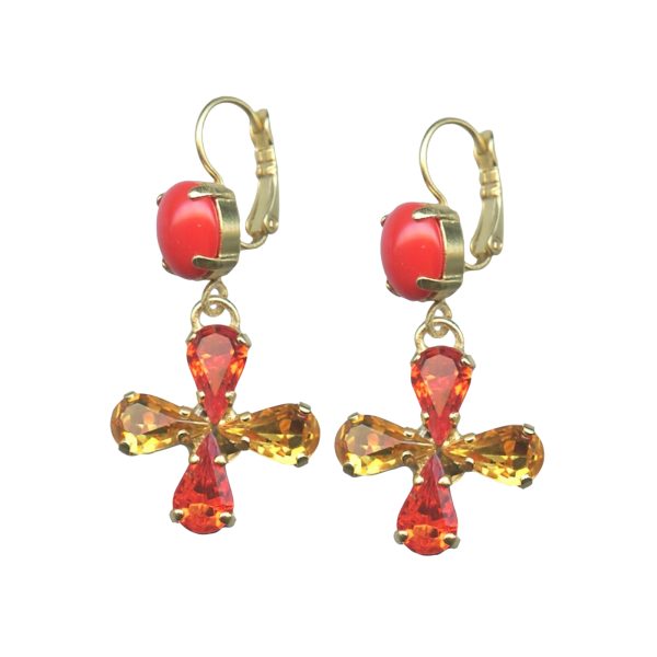 Mariana Earrings Clover Shaped Hyacinth, Topaz & Coral Orange Austrian Crystals Saffron Silk Road Coll.