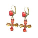 Mariana Earrings Clover Shaped Hyacinth, Topaz & Coral Orange Austrian Crystals Saffron Silk Road Coll. - Image 2