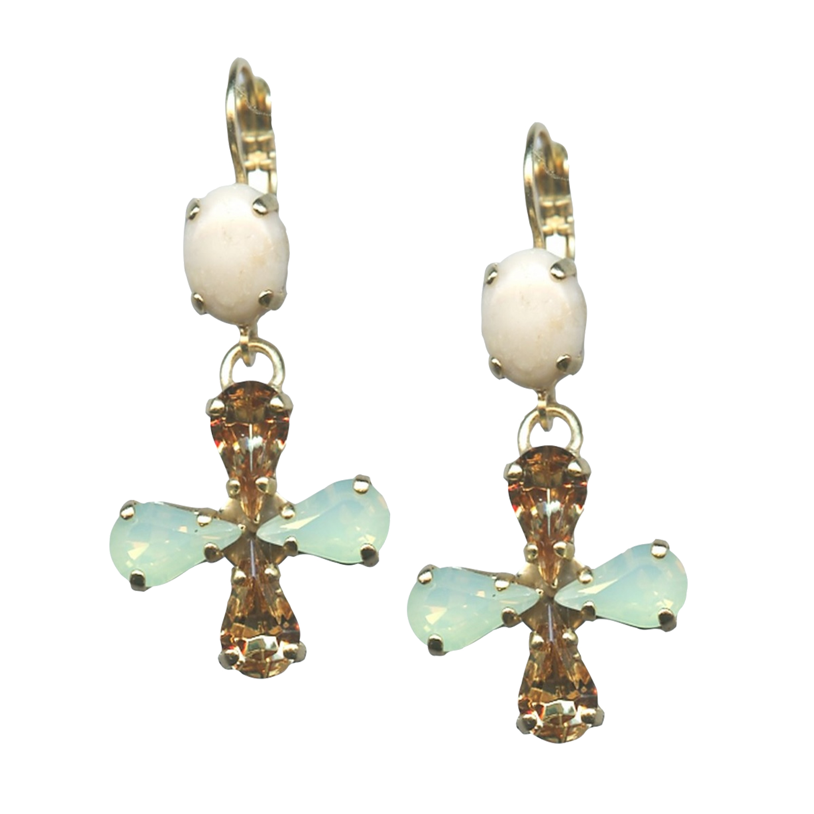 E-1019-3-M1040-YG6(1) Mariana Earrings Clover Shaped in White Howlite Mineral, Chrysolite Opal & Topaz Austrian Crystals Serai Silk Road Coll. - Image 1