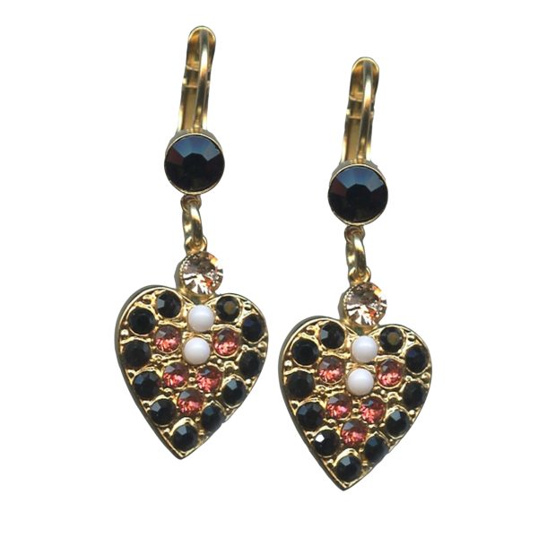 Mariana Earrings Elegant Heart Shaped Jet, Padparadscha, White Opal & Silk Austrian Crystals Pomegranate Silk Road Coll.