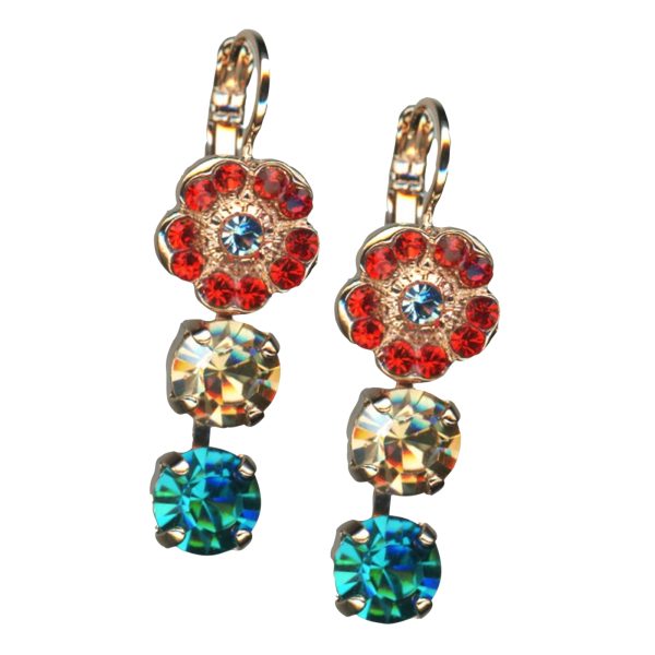 Mariana Earrings Sassy Floral in Red, Teal, Aqua & Golden Shadow Austrian Crystals Tinsel Winter Wonderland Coll.