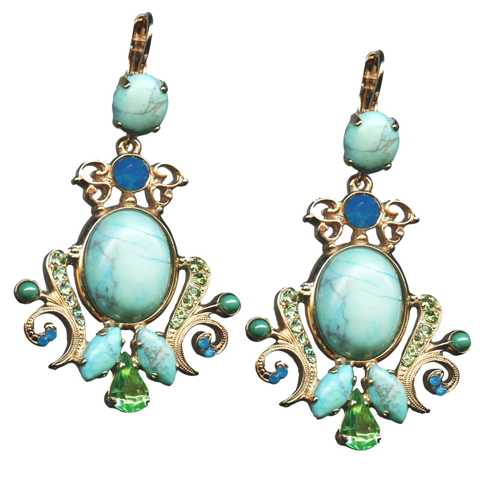 E-1023-5-M1066-RG6(1) Mariana Earrings Exquisite Howlite Chinese Turq Mineral, Caribbean Blue Opal & Peridot Austrian Crystals Caprioska Cocktail Hour Coll. - Image 1