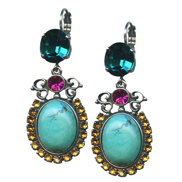 Mariana Earrings Beautiful Howlite Chinese Turq Mineral, Blue Zircon, Fuchsia & Yellow Austrian Crystals Masai Africa Coll.