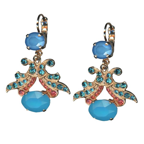 Mariana Earrings Gorgeous Ocean Delite, Aqua Matt, Blue Zircon & Rose Peach Austrian Crystals Bird Of Paradise Botanica Coll.