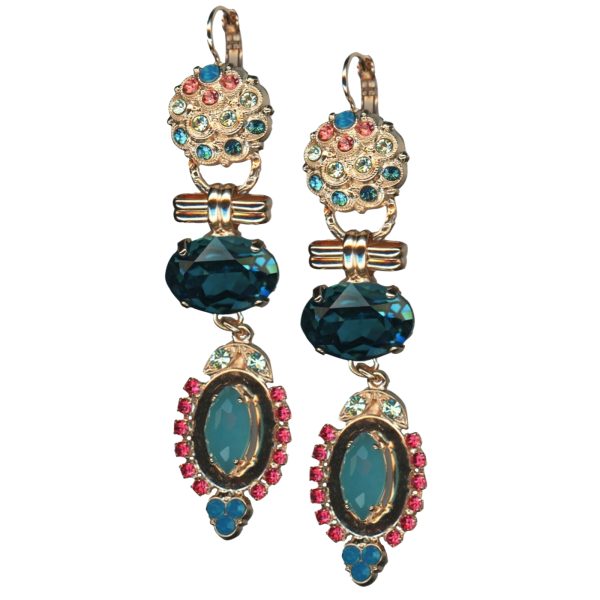 Mariana Earrings Dangling Rose Quartz Mineral, Caribbean Blue Opal, Laguna Delite, Montana Blue & Jonquil Austrian Crystals Bird Of Paradise Botanica Coll.