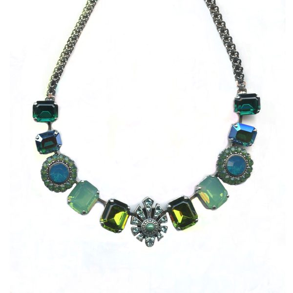 Mariana Necklace Elegant Greens & Caribbean Blue Opal Austrian Crystals Jade Silk Road Coll.