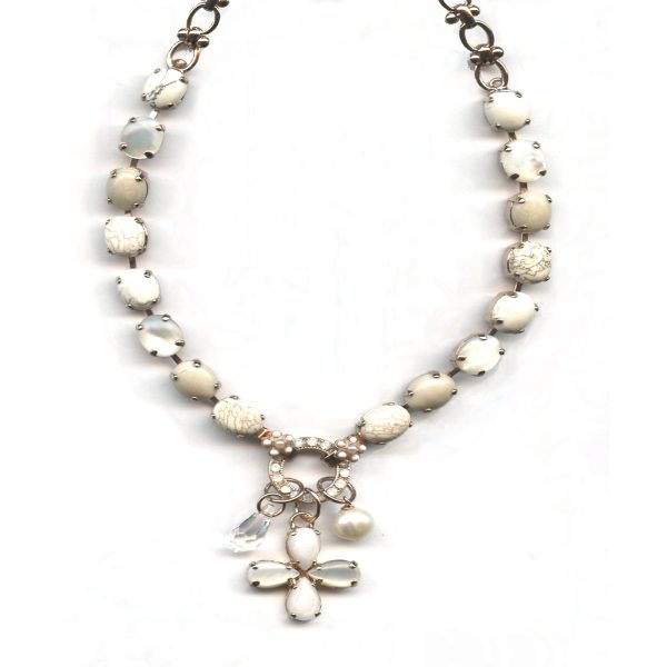 Mariana Necklace Classy White Shell Mineral, White Howlite Mineral, Pearl, White Aventurine & Clear Austrian Crystals Forever Cocktail Hour Coll.