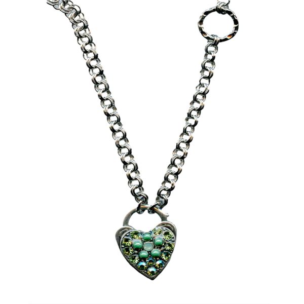 Mariana Necklace Heart Encrusted in Apple Green & Chrysolite Opal Austrian Crystals Oasis Silk Road Coll.