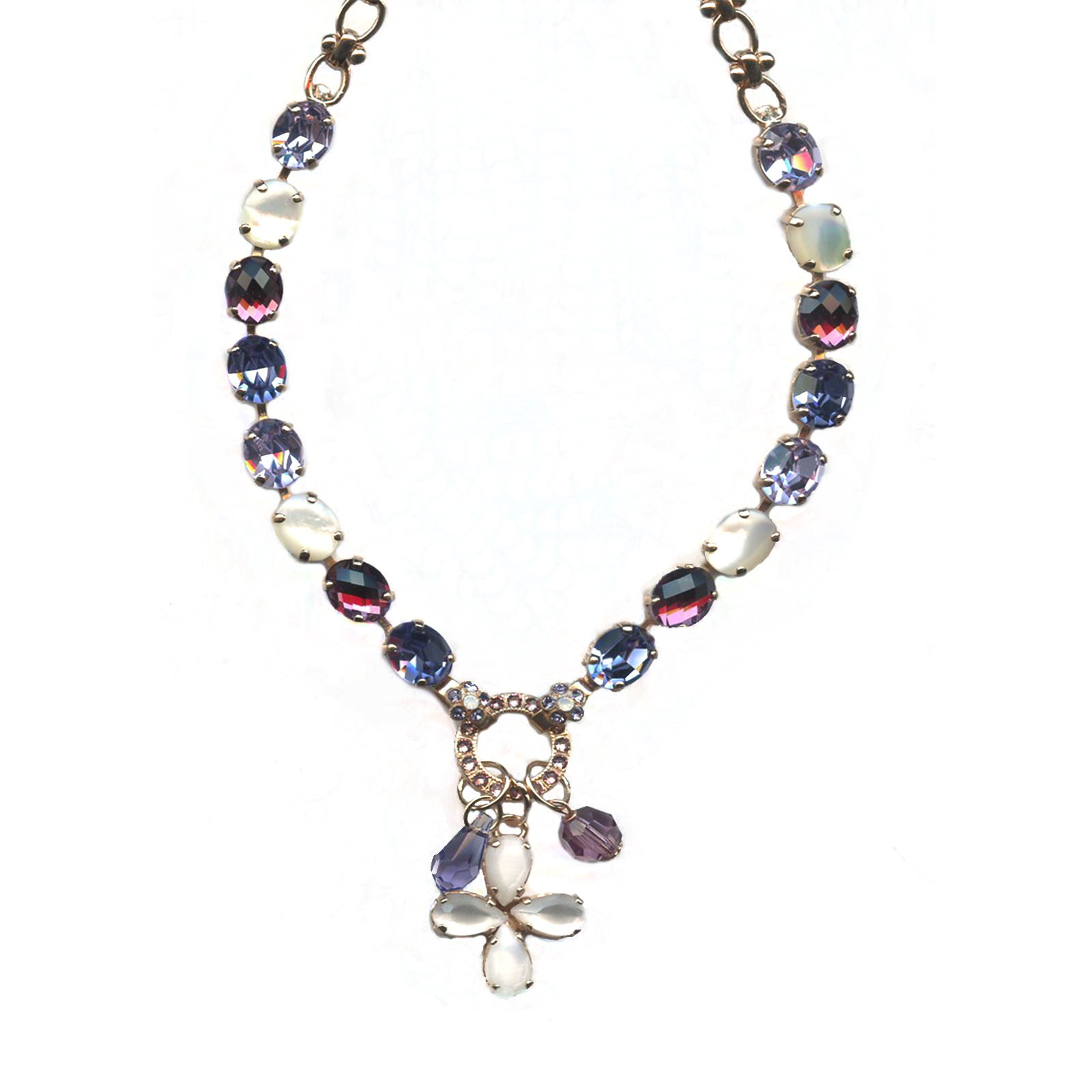 N-3019-7-M1062-RG(1) Mariana Necklace Sassy White Shell Mineral, Purples, Rose & White Opal Austrian Crystals Purple Rain Cocktail Hour Coll. - Image 1
