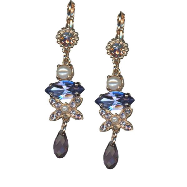 Mariana Earrings Dangling Lt Amethyst, Pearl & Tanzanite Austrian Crystals Romance Joy of Life Coll.