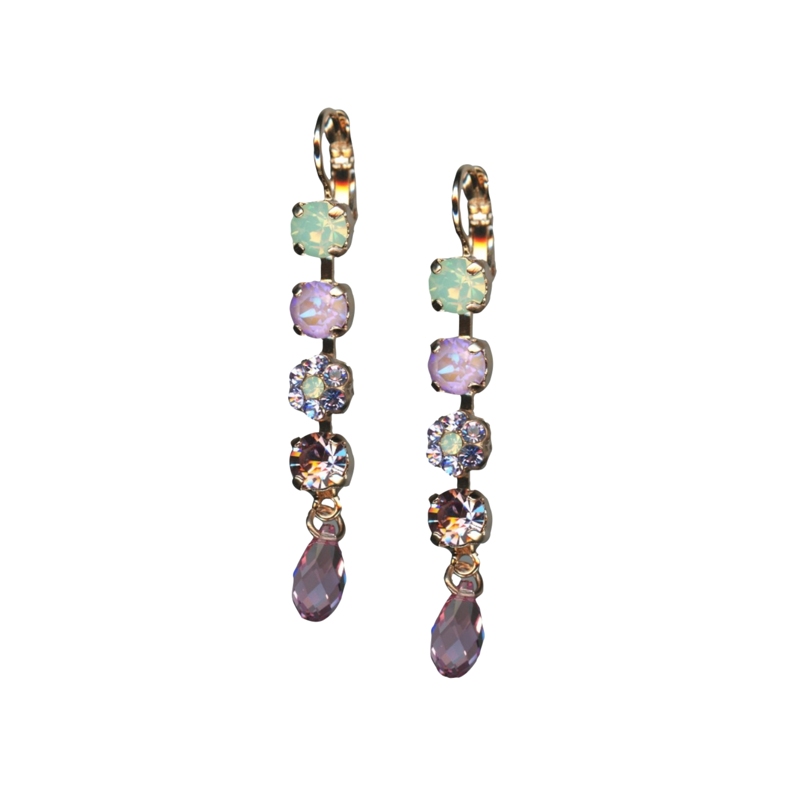 E-1008-1-1910-YG6(1) Mariana Earrings Fab Chrysolite Opal, Lavender Delite, Lt Amethyst & Golden Shadow Austrian Crystals Lavender Botanica Coll. - Image 1