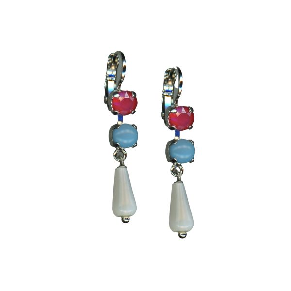 Mariana Earrings Stunning Turq & White Shell Mineral, Dark Red Coral Austrian Crystals Happiness Joy Of Life Coll.