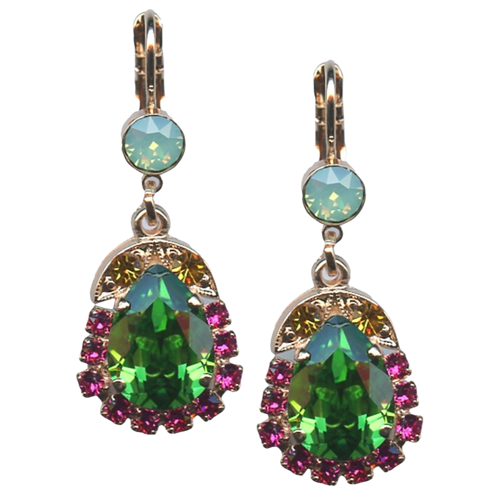 E-1032-5-1007-RG6(1) Mariana Earrings Charming Chrysolite Opal, Fuchsia, Fern Green & Topaz Austrian Crystals Blue Suede Shoes Nostalgia Coll. - Image 1