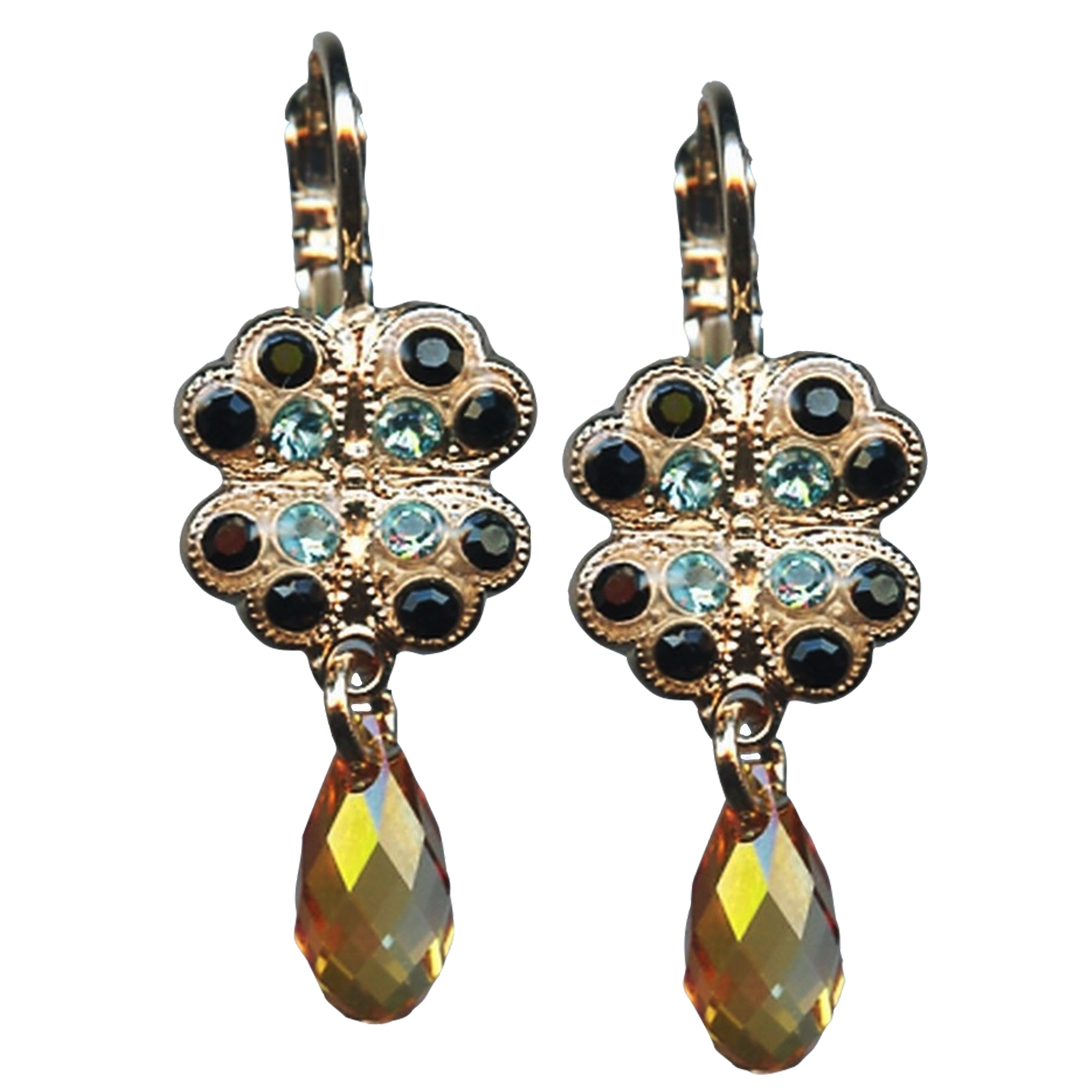 E-1040-3-1104-RG6(3) Mariana Earrings Stunning Jet, Aquamarine & Golden Shadow Austrian Crystals St Barts Caribbean Life Coll. - Image 1