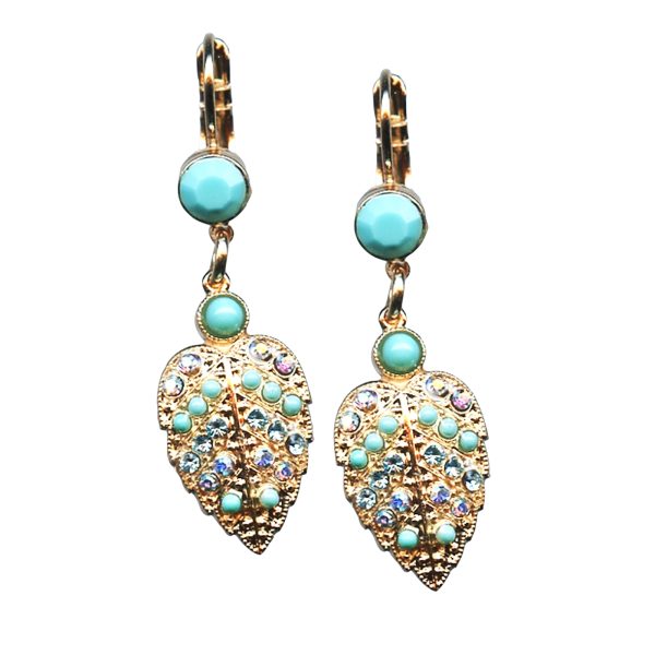 Mariana Earrings Shimmering Leaf Encrusted Turquoise, Aquamarine & AB Austrian Crystals Bliss Nirvana Coll.