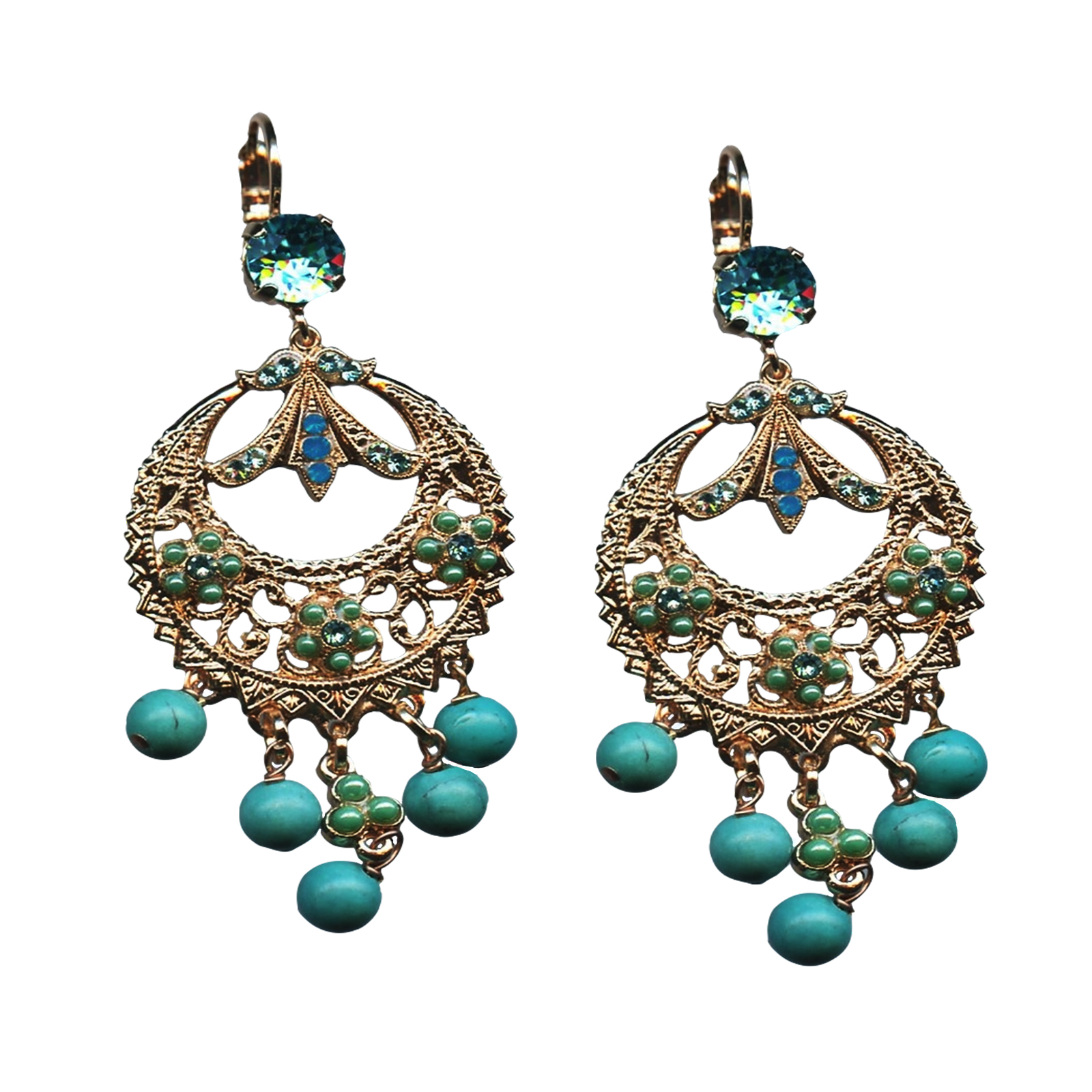 E-1043-1-M1066-RG6(1) Mariana Earrings Boho Chic Turquoise Mineral, Aquamarine & Caribbean Blue Opal Austrian Crystals Caprioska Cocktail Hour Coll. - Image 1
