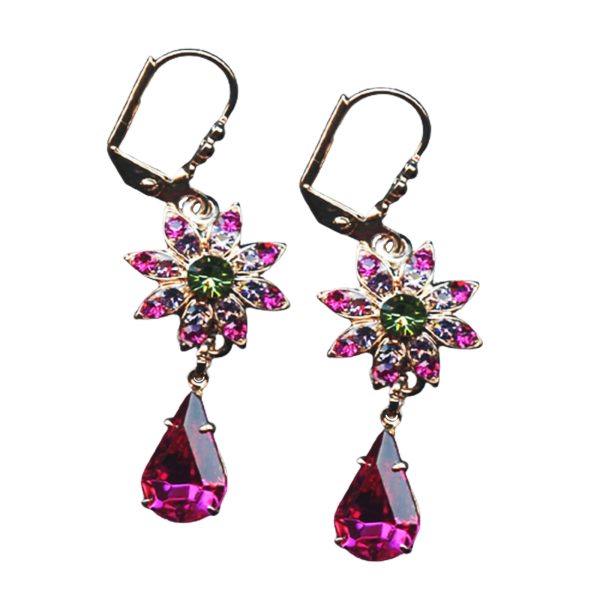 Mariana Earrings Dangling Floral Fuchsia, Purple Velvet & Fern Green Austrian Crystals My Treasures Coll.