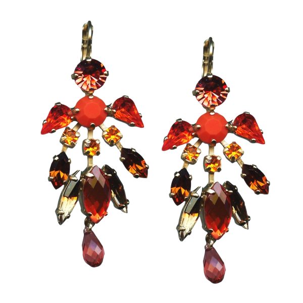 Mariana Earrings Chandelier in Peach, Orange Opal, Citrine, Smoked Topaz, Lt Siam & Topaz Austrian Crystals Ring of Fire Nostalgia Coll.