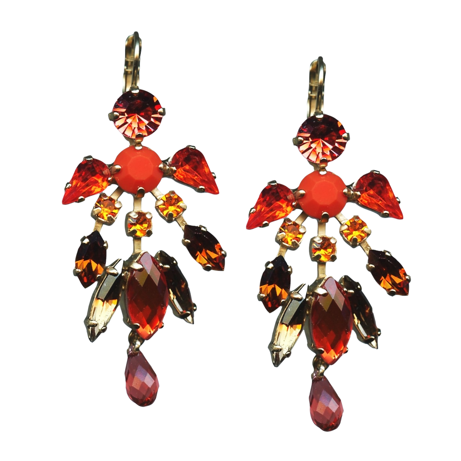 E-1067-1005-YG6(1) Mariana Earrings Chandelier in Peach, Orange Opal, Citrine, Smoked Topaz, Lt Siam & Topaz Austrian Crystals Ring of Fire Nostalgia Coll. - Image 1