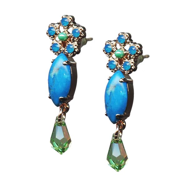 Mariana Earrings Fab Floral in Turquoise Mineral, Caribbean Blue Opal & Peridot Austrian Crystals Caprioska Cocktail Hour Coll.