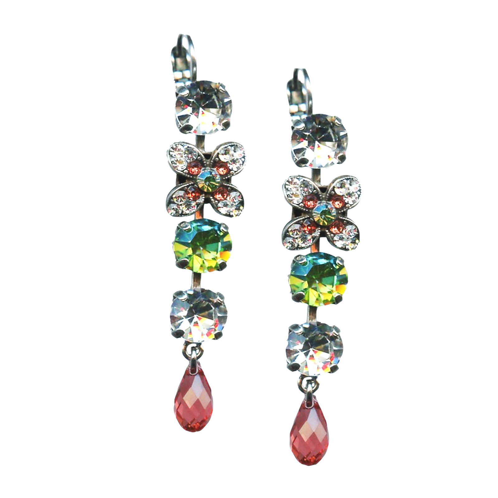 E-1068-001-2-SP6(1) Mariana Earrings Multi Tier Floral Clear, Apple Green & Peach Austrian Crystals My Treasures Coll. - Image 1