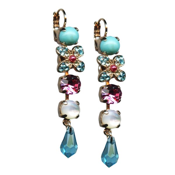 Mariana Earrings Lovely Dangling Turq Mineral, White Opal, Rose & Aquamarine Austrian Crystals Margarita Cocktail Hour Coll.