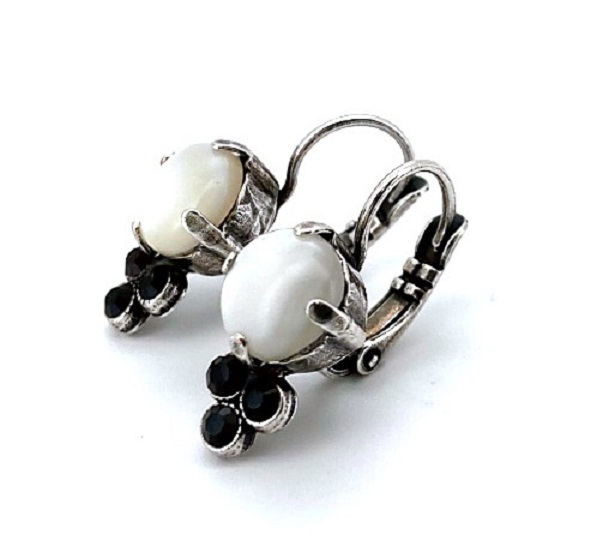 Mariana Earrings Beautiful White Shell Mineral & Jet Black Austrian Crystals Peace Nirvana Coll.