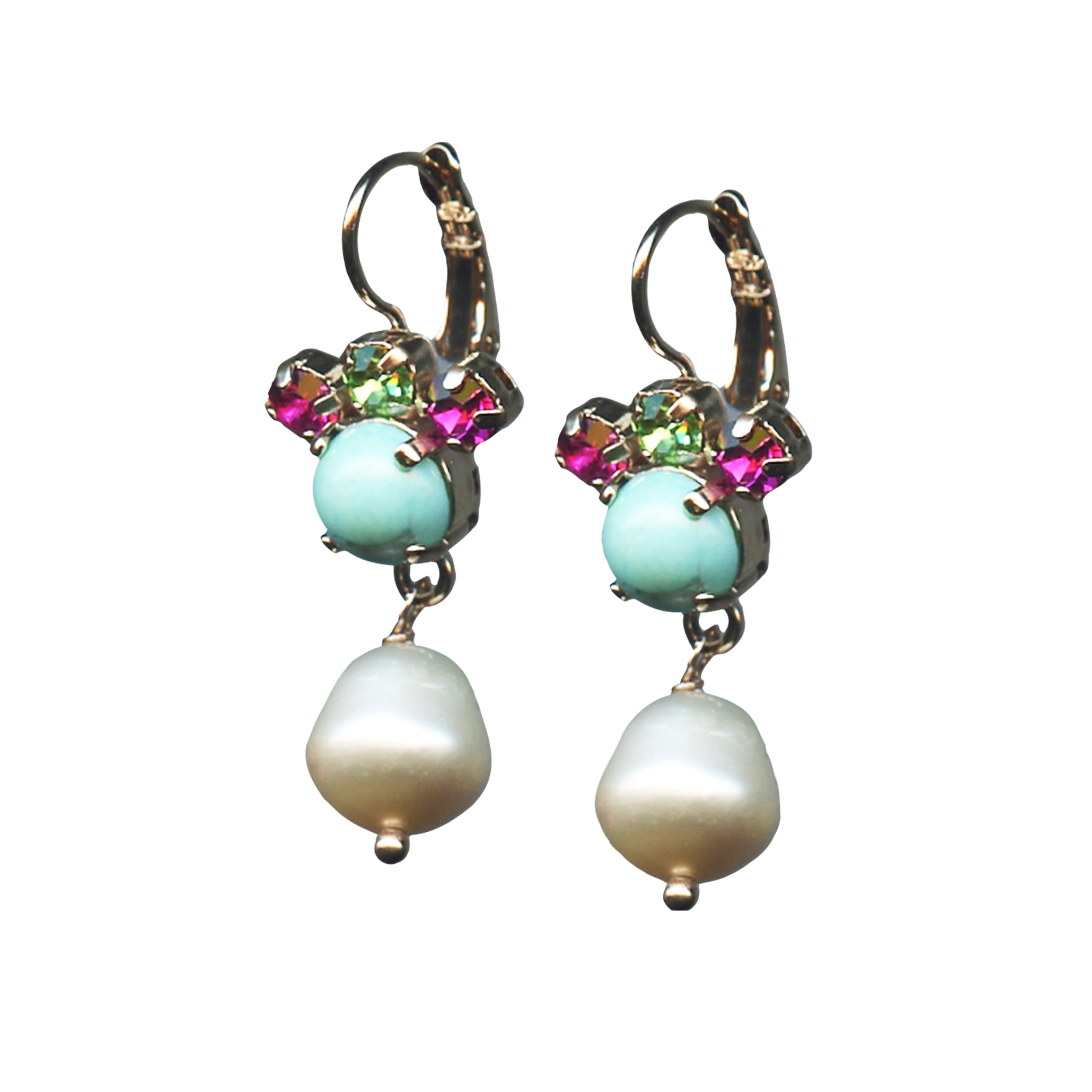 E-1074-5-M333-1-RG6(1) Mariana Earrings Pearl & Howlite Chinese Turq Mineral, Fuchsia & Peridot Austrian Crystals Cuba Caribbean Life Coll. - Image 1
