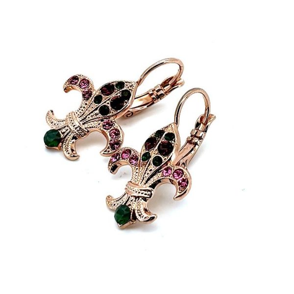 Earrings By Mariana Woman Fleur-de-lis Rose and Fern Green Swarovski Crystals