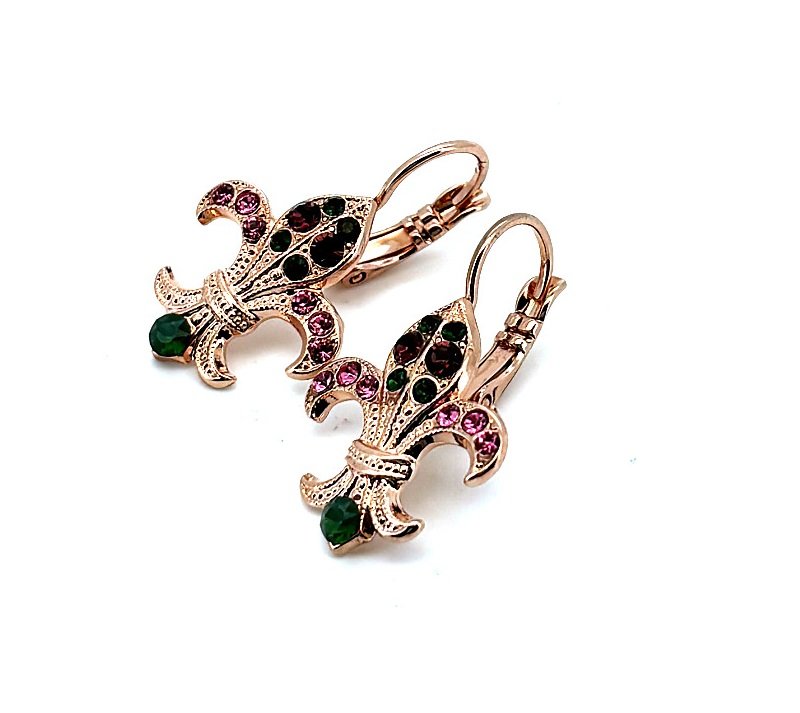 E-1108-1-1033-RG6 (2) Earrings By Mariana Woman Fleur-de-lis Rose and Fern Green Swarovski Crystals - Image 1