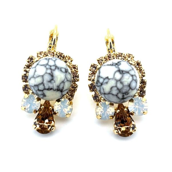 Earrings By Mariana Woman White Turquoise Mineral and Golden Shadow Swarovski Crystals