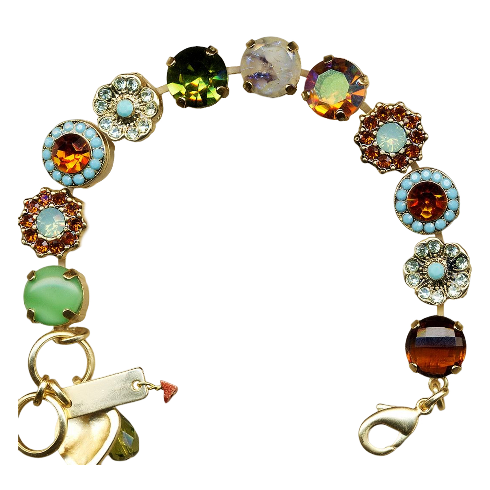 B-4084-1317-YG(1) Mariana Bracelet Fab Turq, Pacific Opal, Jade, Drk Amber, Olivine, & Clear Austrian Crystals Rising Sun Dancing the Night Away Coll. - Image 1