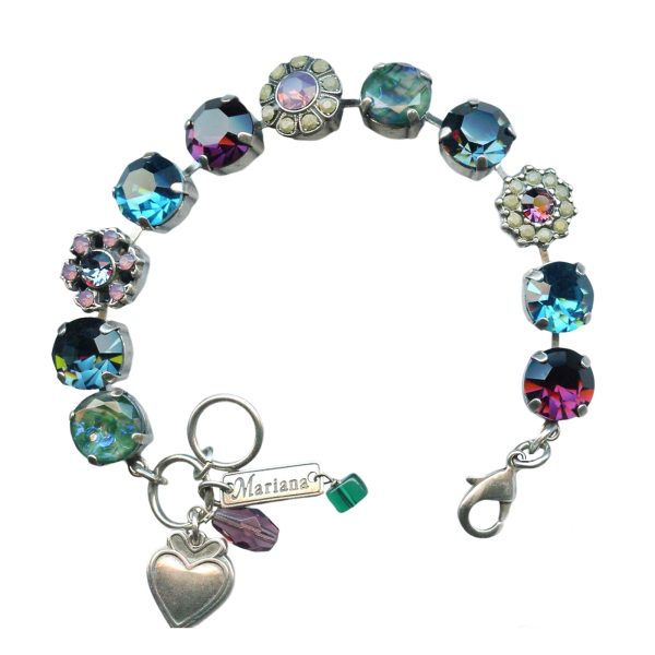 Mariana Bracelet Fab Floral Blue Zircon, Amethyst, Montana Blue, Dark Green, & Cyclamen Opal Austrian Crystals Patience Inspiration Coll.