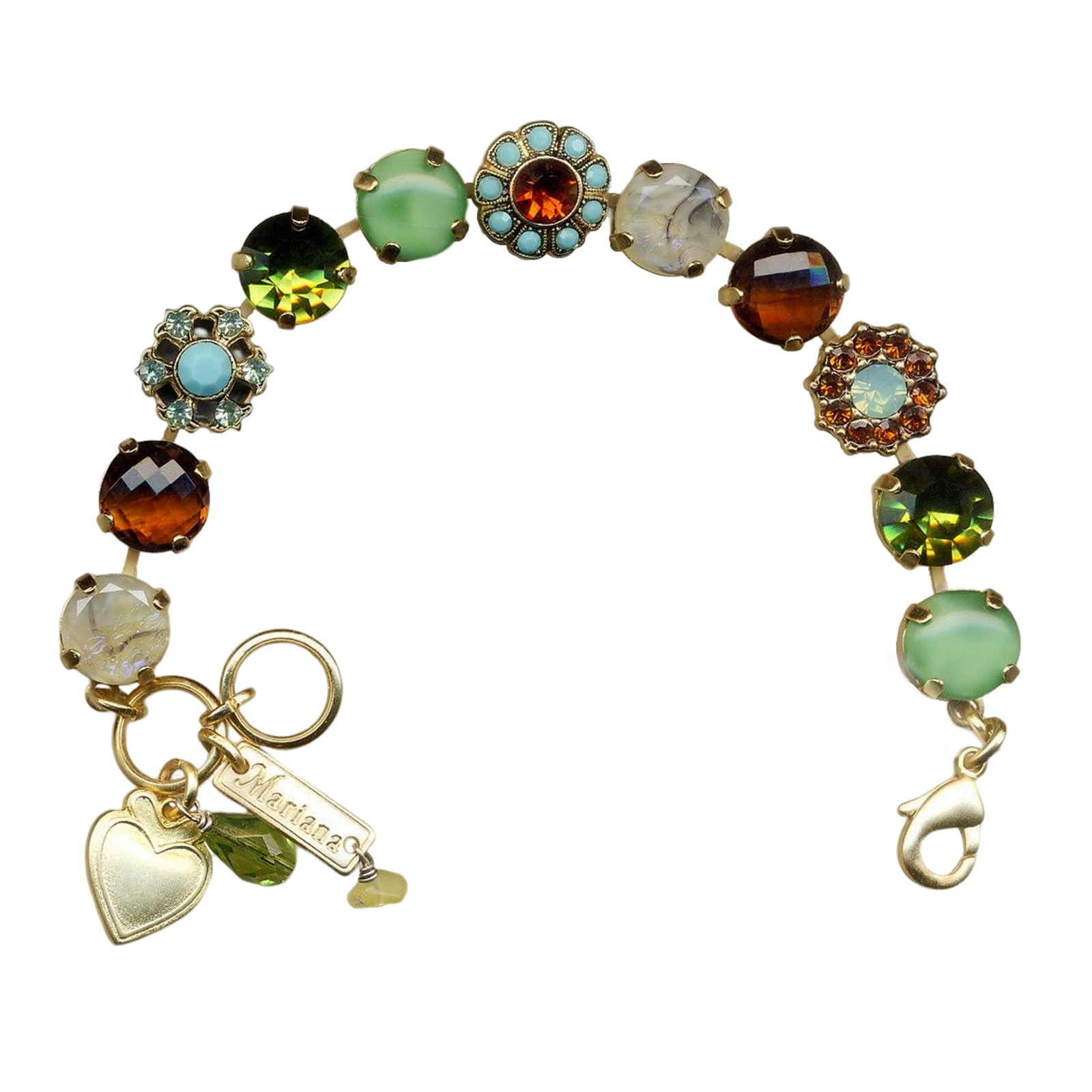B-4174-1317-YG(1) Mariana Bracelet Precious Pacific Opal, Turq Blue, Jade Green, Drk Amber, Marbled Stone, & Peridot Austrian Crystals Rising Sun Icons Coll. - Image 1