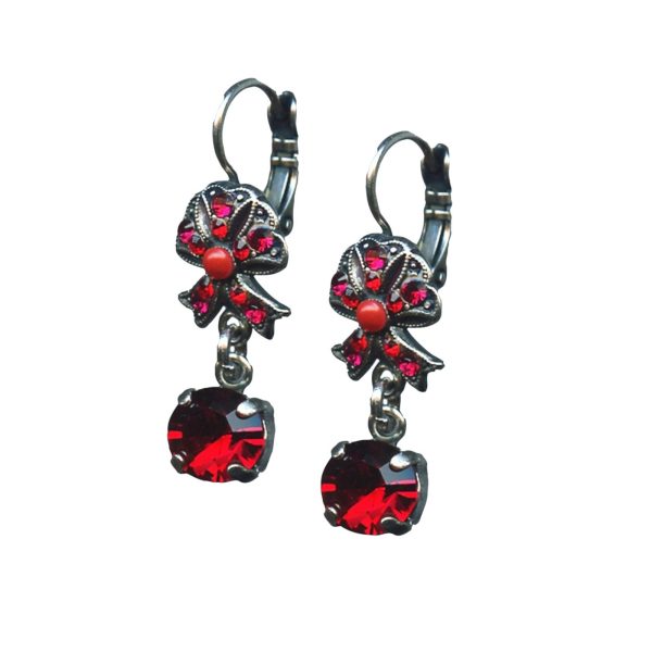 Mariana Earrings Lady In Red Songbook Coll. Sassy Bow Dangling Siam, Fuchsia & Red Coral Austrian Crystals