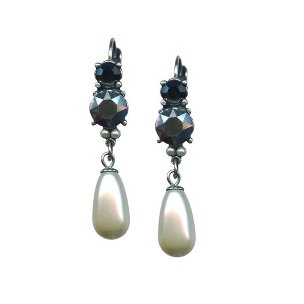 Mariana Earrings Elegant Pearl Mineral, Black Diamond, & Jet Hematite Austrian Crystals Inspiration Coll.
