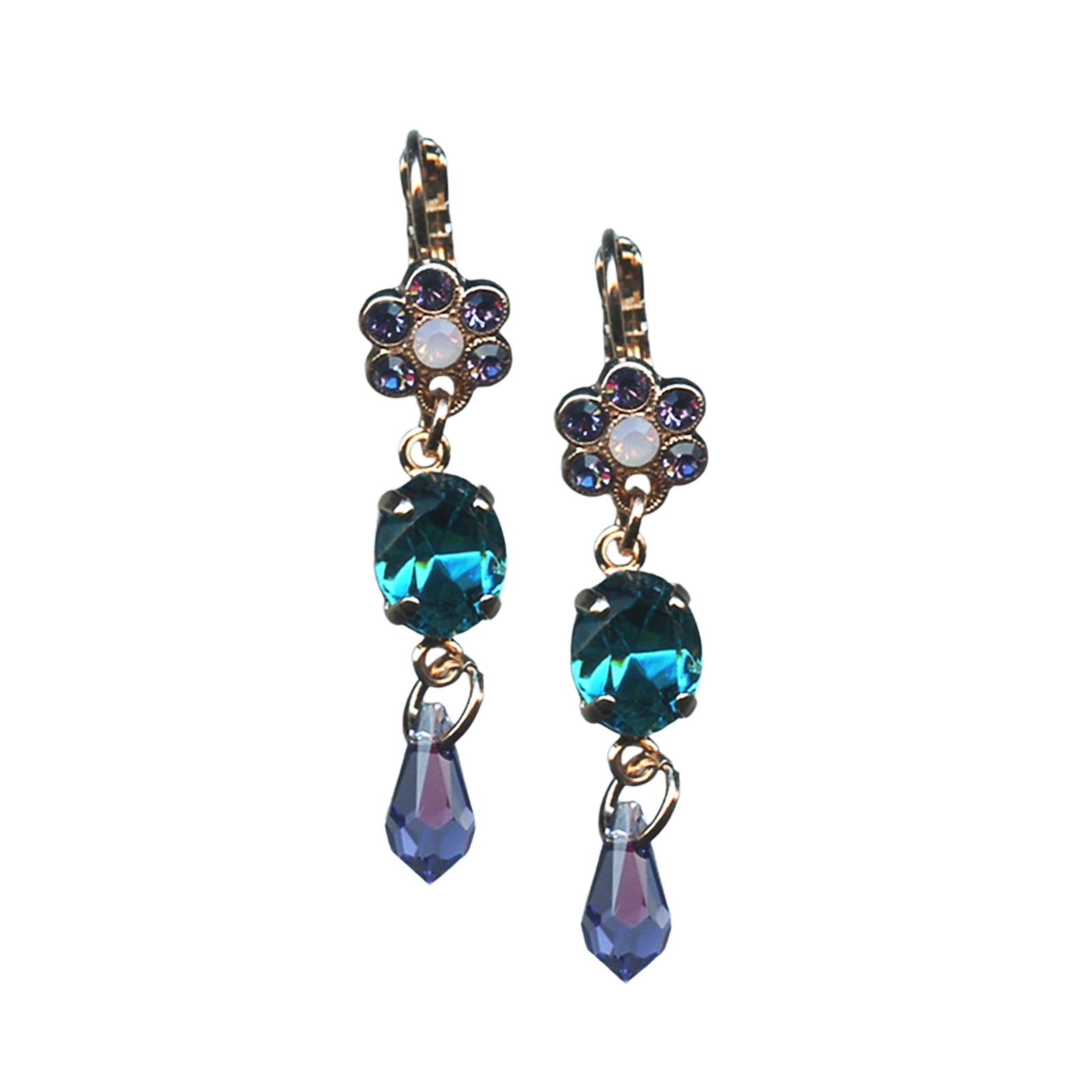 E-1019-1-M2139-RG6(1) Mariana Earrings Dangling Blue Quartz Mineral, Tanzanite, & White Opal Austrian Crystals Peacock Nature Coll. - Image 1