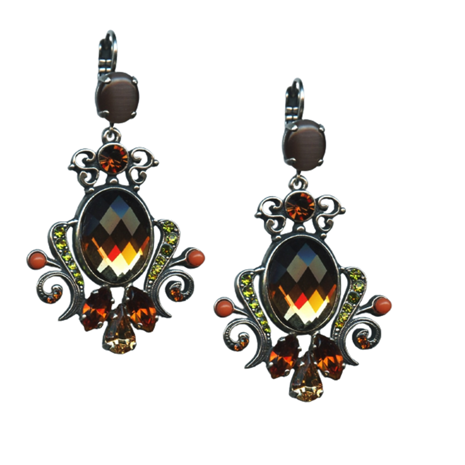 E-1023-5-1012-SP6(1) Mariana Earrings Chandelier Brown, Mocca, Olivine, Coral, & Smoked Topaz Austrian Crystals My Treasures Coll. - Image 1