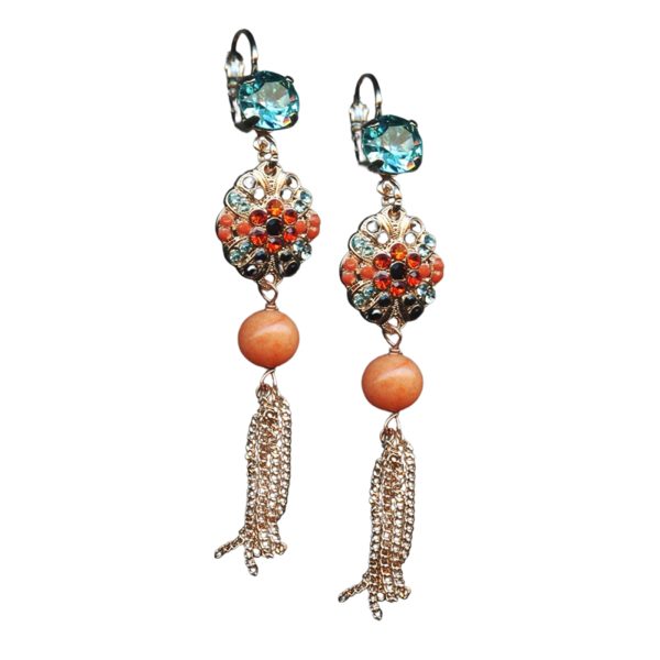 Mariana Earrings Dolomite Coral Mineral, Aquamarine, Jet, & Hyacinth Austrian Crystals St Barts Caribbean Life Coll.