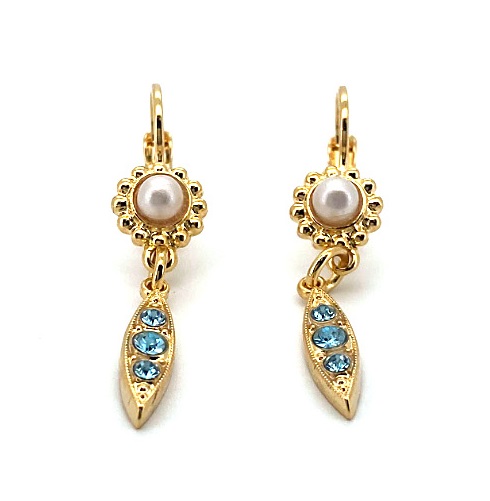 Mariana Earrings Dangling Floral Pearl & Aquamarine Austrian Crystals 2022 VOL.1 Power Of Love Coll.