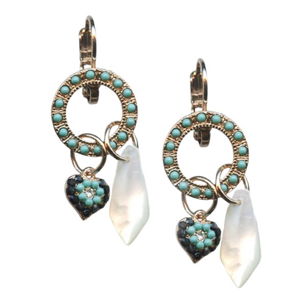 Mariana Earrings Heart & Charms Turq, White Shell Mineral, Jet & Clear Austrian Crystals Zanzibar Africa Coll.